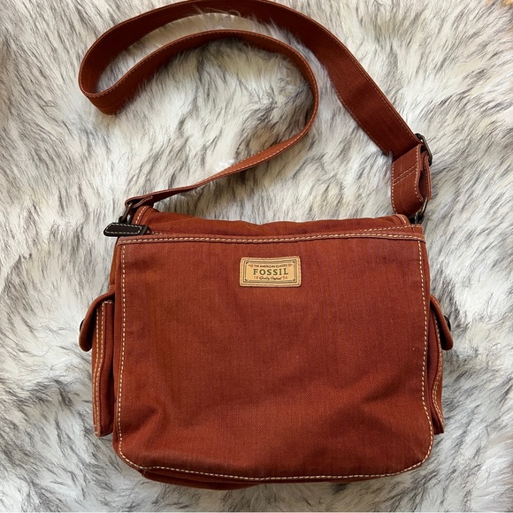 Fossil Canvas Brown Crossbody Shoulder Messenger Bag - Picture 2 of 14